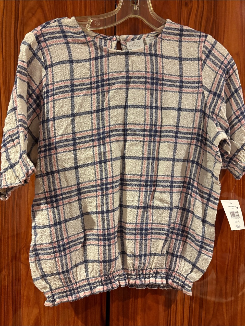 Falls Creek Cream Plaid Short Sleeve Top with Navy and Light Pink Stripes
